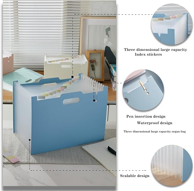 2-Piece Accordion Folder Manager, 12 Grid Expansion Pages, Portable Monthly Bill and Receipt Manager That Opens Upright, Colored Labels, School, Home, and Office letterhead/A4 Size, Sky Blue