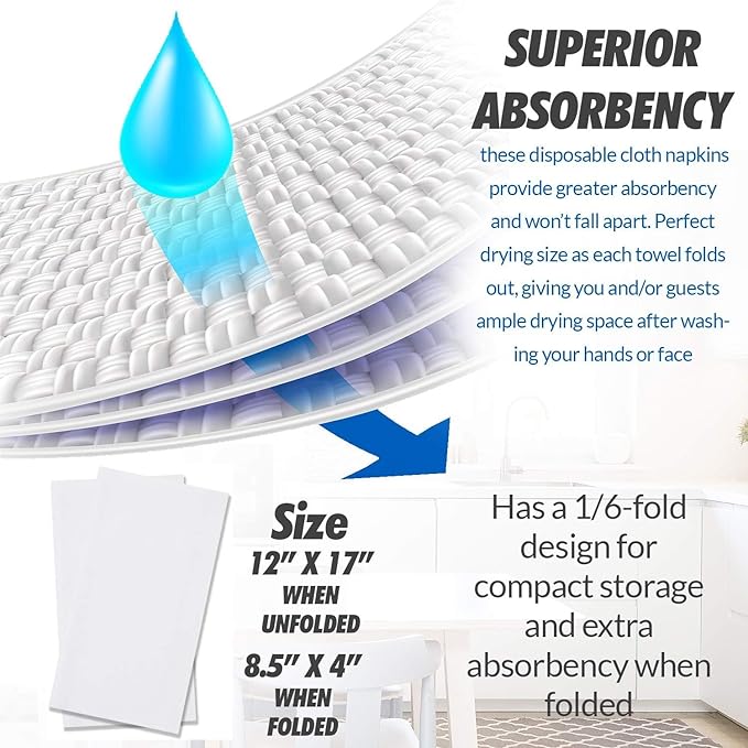 100 Paper Towels Cloth-Like Hand Tissue Paper Napkins, Disposable Hand Towels for Bathroom Guests, Disposable Face Towel for Guest, Washcloths or Dinner Napkin, Made in USA, White