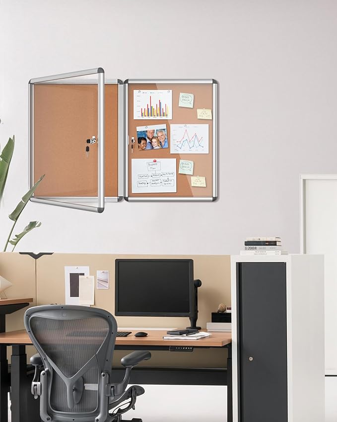 2 Pack 26"x20" Enclosed Bulletin Board, Lockable Weather-Resistant Aluminum Cork Noticeboard for School & Office, Silver Frame w/Cork