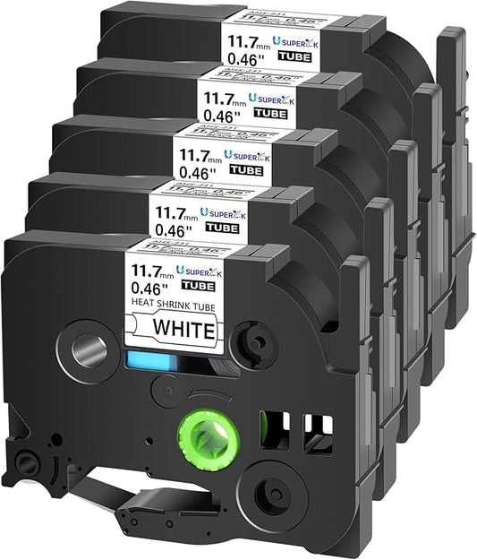SuperInk 5 Pack Compatible for Brother Ptouch HSe-231 HSe231 HS-231 HS231 0.46 1/2'' 11.7mm Black on White Heat Shrink Tube Label Tape use in PT-D210 PT-D400 PT-E300 PT-E500 PT-P750WVP Label Maker