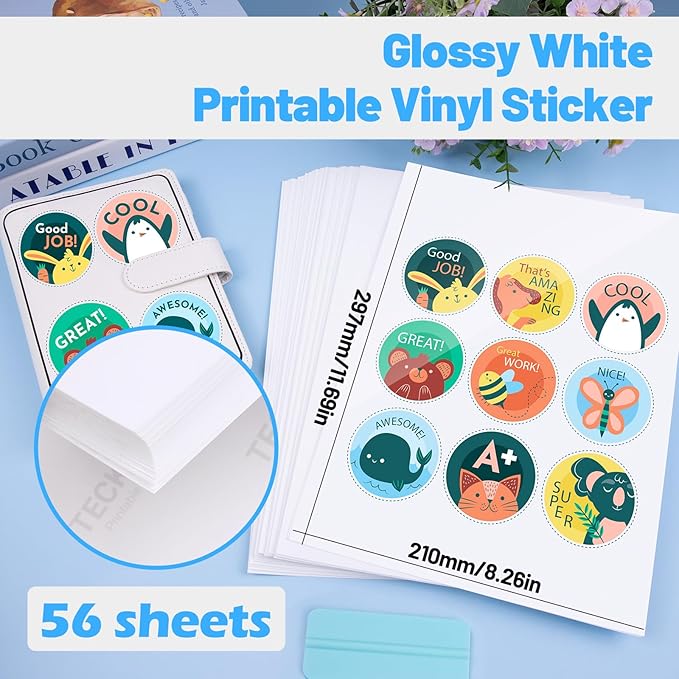 TECKWRAP Printable Vinyl Sticker Paper for Inkjet Printer, Glossy Inkjet Printable Vinyl, 8.26" x 11.69" A4 56 Sheets/Pack Printing Paper for Craft Scrap-Booking, Stickers, Labels