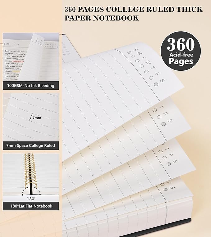 Spiral Notebook Journal College Ruled, 360 Pages Lined Thick Journals for Women Men, B5 Big Notebooks with 100GSM Paper, Spiral Bound Journaling for Writing Work School Black 7.6"×10"