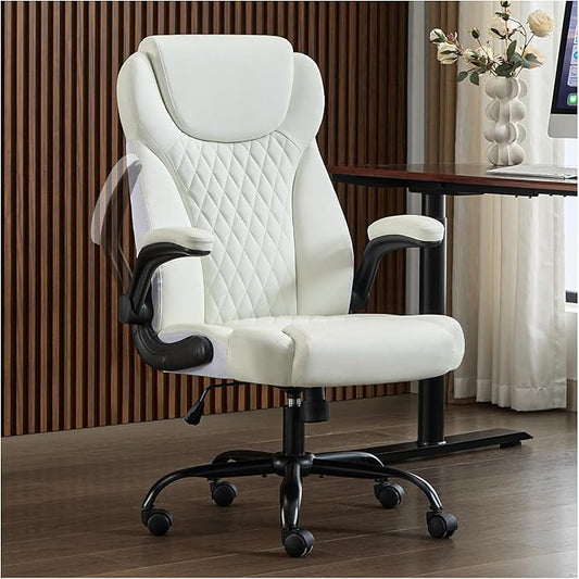 Office Chair, Executive Leather Chair Home Office Desk Chairs, Ergonomic Computer Desk Chair with Adjustable Flip-Up Arms, Lumbar Support Swivel Task Chair with Rocking Function (White)