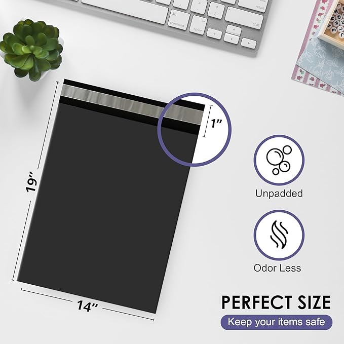 Black Large Poly Mailers 14.5x19 Inch | Strong Adhesive Self-Seal Mailer Bag | Tear, Tamper, Water Resistant Shipping Envelopes | Thick Strong polymailer Bags | Clothing Shipping Bags | 500 Pcs Bulk