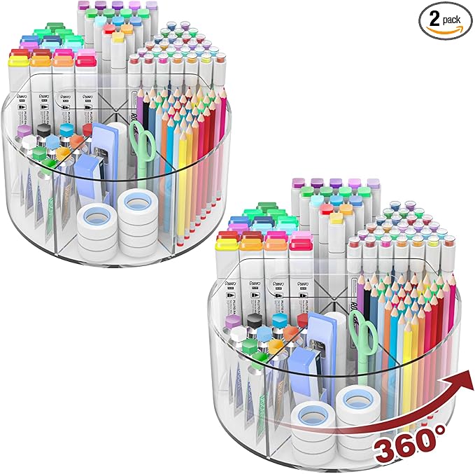 Absonic 2 Pack Acrylic Pen Organizer, 360 Rotating Clear Colored Pen and Pencil Crayon Marker Holder Caddy for Desk, Desktop Storage and Organizer for School Art Supplies