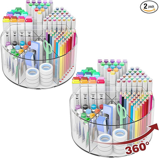Absonic 2 Pack Acrylic Pen Organizer, 360 Rotating Clear Colored Pen and Pencil Crayon Marker Holder Caddy for Desk, Desktop Storage and Organizer for School Art Supplies