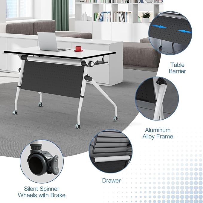 Conference Table, Folding Conference Room Tables, Mobile Training Tables with Silent Wheels, Large Rectangular Modular Seminar Table Office Computer Desks for Classroom White (6Pack L47.2in)
