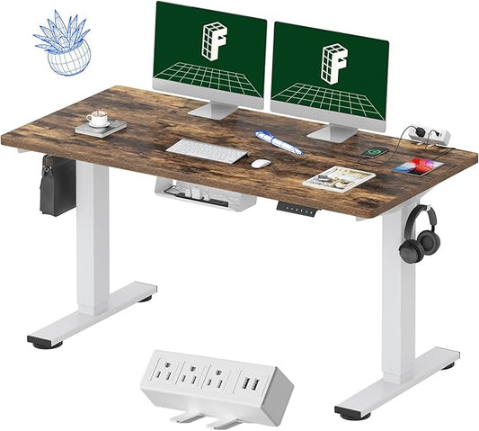 FLEXISPOT EN2 Whole-Piece Standing Desk with Clamp Power Strip, 55 x 28 Electric Stand Up Height Adjustable Desk with Cable Management (White Frame + 55" Rustic Brown Desktop, 2 Packages)