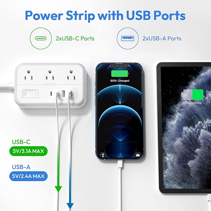 Flat Plug Extension Cord 25 ft, Surge Protector Power Strip, Outlet Extender with 6 Outlets 4 USB Ports, Overload Protection, Long Extension Cord with Multiple Outlets for Indoor, Home, Office, White