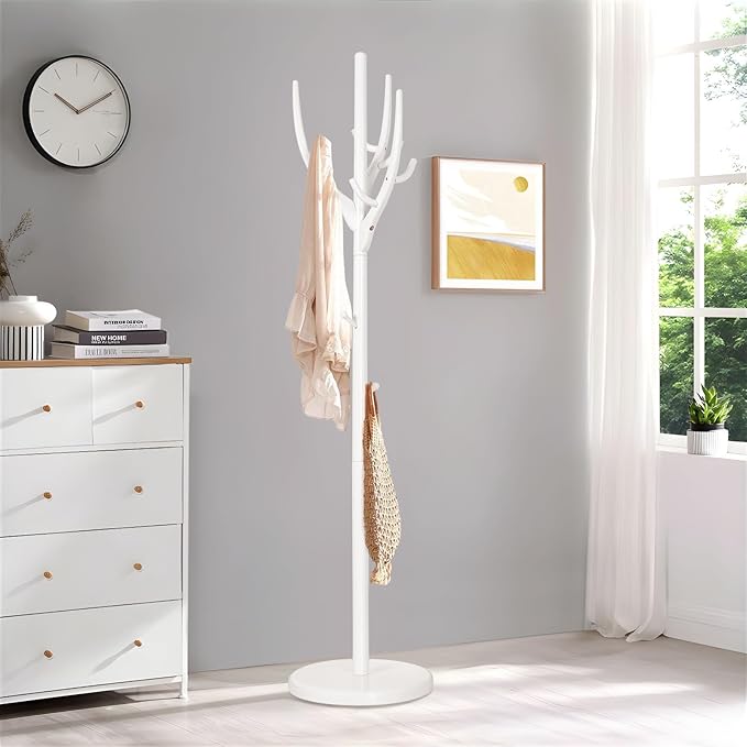 Coat Rack Freestanding, Wooden Coat Rack Stand with 16.5" Round Base, Tree Branch-look, 72" Coat Tree Standing Heavy Duty Clothes Hanger with 12 Hooks for Corner Entryway, White