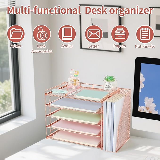 AUPSEN Rose Gold Desk Accessories Organizer,5-Tier Desktop Paper File Organizer with Adjustable File Holder, Office Desk Accessories for Office Supplies