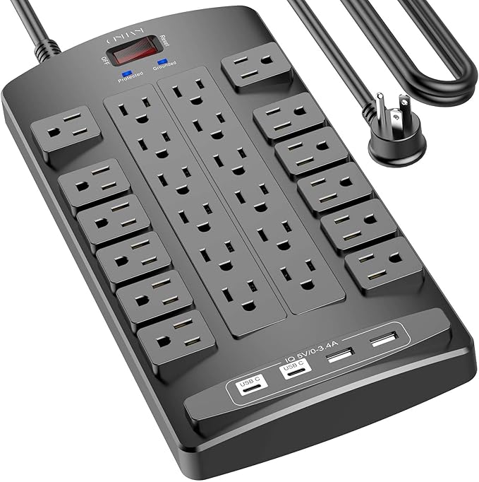 QINLIANF Surge Protector Power Strip - 15Ft Flat Plug Heavy Duty Extension Cord with 24 Outlets and 4 USB Ports(1 USB-C Ports), 1875W/15A, 4100J, for Home, Office, Dorm, ETL Listed, Black