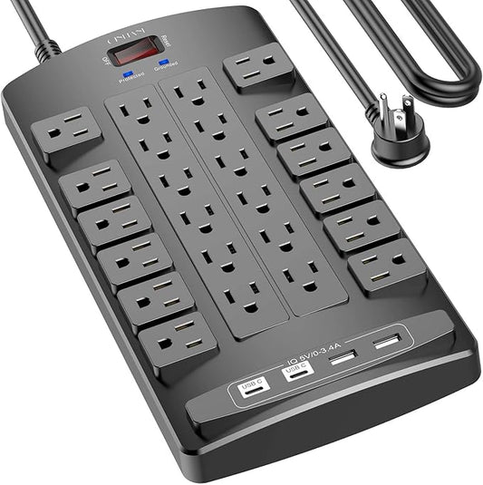QINLIANF Surge Protector Power Strip - 15Ft Flat Plug Heavy Duty Extension Cord with 24 Outlets and 4 USB Ports(1 USB-C Ports), 1875W/15A, 4100J, for Home, Office, Dorm, ETL Listed, Black