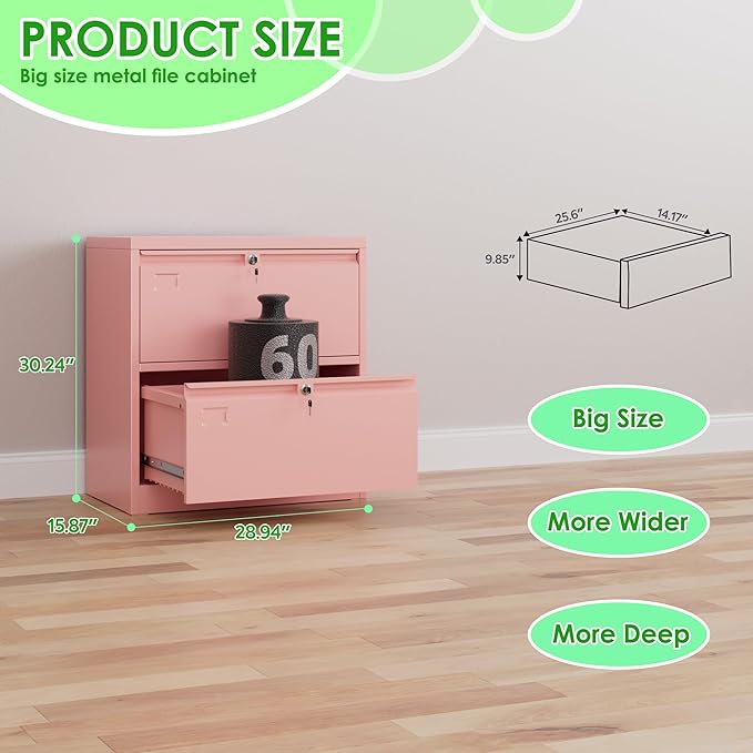 2 Drawer Lateral File Cabinet, Metal Wide Filing Cabinet with Independent Locks, Home Office Furniture for Hanging Files Letter/Legal/F4/A4 Size, Assembly Required, Pink