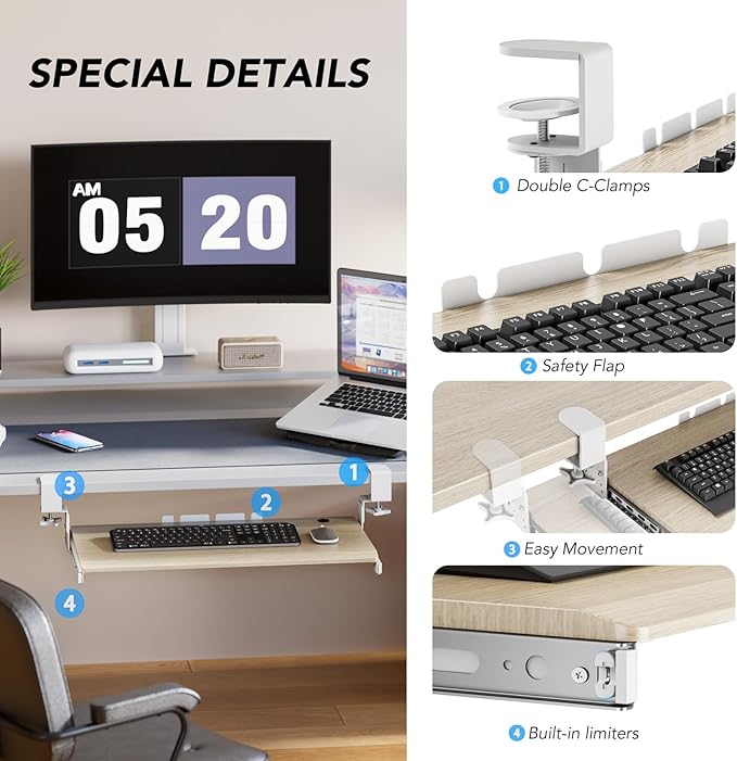 Keyboard Tray Under Desk Pull Out with Extra Sturdy C Clamp Mount System, 27.3 (32.5 inch Including Clamps) x 11 Inch Slide-Out Platform Computer Drawer for Typing Grain AX01WG01