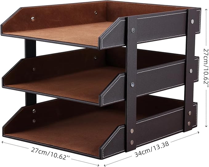 KINGFOM Letter Tray, Leather Paper Organizer Tray, Wooden Desk File Holder, Desktop File, Stackable Magazine Holder, Mail Sorter, Great for Home or Office - 3 Level Brown