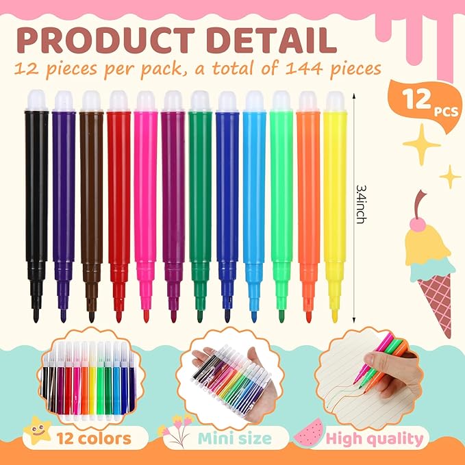 144 Pcs Mini Markers Colored Pen 3.4 Inch Vibrant Colors Portable Short Colored Markers Assorted Multicolor Watercolor Marker Pen for Kids and Adult Glass Office School Supplies (12 Colors)