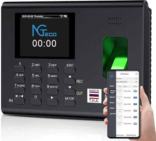 NGTeco APP-Based Time Clock, 2.4GHz WiFi Fingerprint Time Clocks for Employees Small Business, Office Clock in & Out Machine with iOS&Android, No Monthly Fee