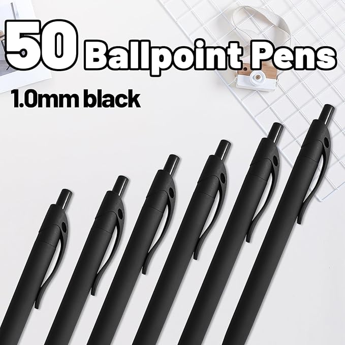 BallPoint Pens, 50 Pack (BLACK Ink),Bulk Pens, Black Barrel,Click Pens for Office Home and School, Retractable Ballpoint Pens, Medium Point, 1.00MM (Black)