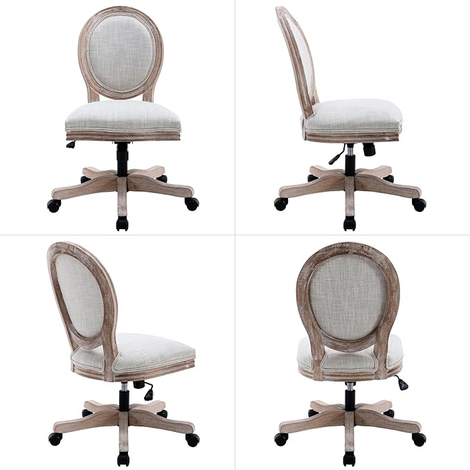 LukeAlon Vintage Linen Office Chair, Adjustable Height Swivel Task Chair with Wood Frame Armless Desk Chair with Wheels Upholstered Round Back Vanity Chair for Home Office Study Room, Beige