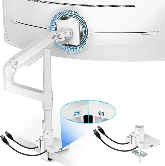 ARES WING Ultrawide Monitor Mount with USB A/C, with Extended Column for 17 to 49 inch Heavy Duty Monitor, Holds 44 lbs, Adjustable Gas Spring Desk Mount, White
