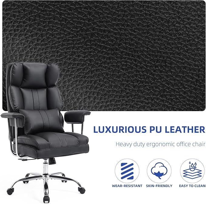 Big and Tall Office Chair 500lbs Wide Seat Executive Office Desk Chair High-Back Office Task Chair, Ergonomic Lumbar Support Computer Office Chairs for Heavy People(Black)