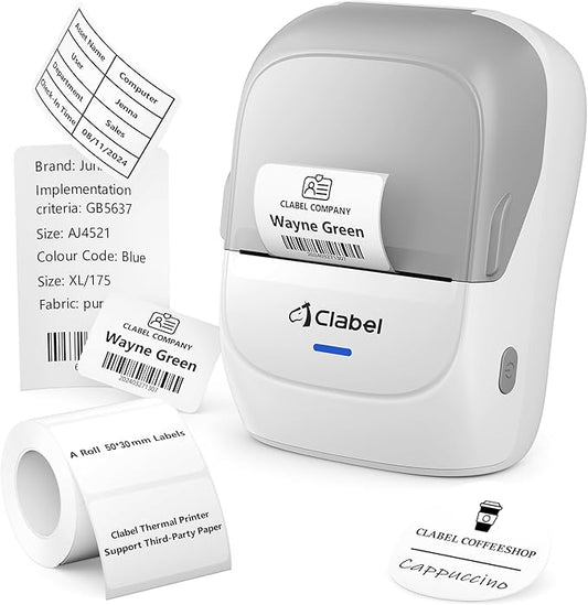 CLABEL Thermal Label Maker Machine: 221B Bluetooth Label Printer Mini Sticker Barcode Printer Inkless Label Maker Compatible with Clothing Price Labeling with 1 Roll of 50x30mm Label(Gray White)