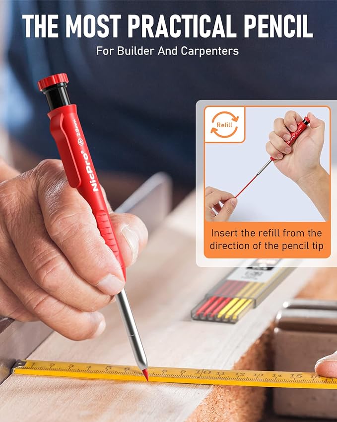 Nicpro CP1000 Carpenter Pencil with Sharpener, 2.8 mm Mechanical Pencils with 13 Refills, Deep Hole Marker for Construction, Heavy Duty Woodworking Pencil, Carpenter Tools for Architect Marking