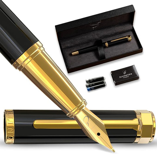 Luxury Fountain Pen Set- Fountain Pens for Writing - Smooth Medium Nib - Includes Refillable Ink Converter, 3 Ink Cartridges [Black & Blue], Gift Box - Elegant Calligraphy