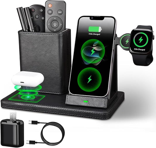 Office Supplies Desk Accessories,Pen Holder Remote Control Holder, Organizer with Phone Charger,Nightstand Desktop Organizer,Black Leather Desk Organizer With Charging Station (black)