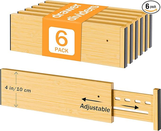 Bamboo Drawer Dividers 4" High, 16.5-22" Adjustable Drawer Organizers for Clothes,Expandable Dresser Separators in Bedroom/Kitchen/Bathroom/Office Organization and Storage,6 Pack