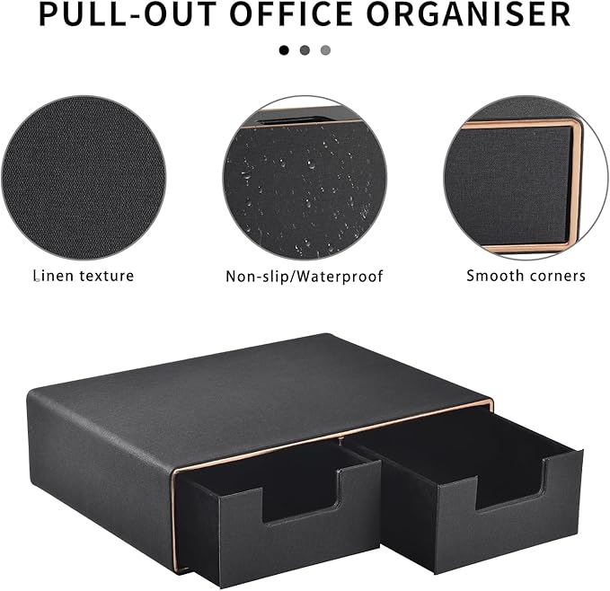 Linen Leather Desk Organizer and monitor stand with Drawers－Mini Desktop Drawer Organizer Stackable－Tabletop Organization Storage Box for Office Supplies Home Vanity Toiletries (Black, 2-drawers)