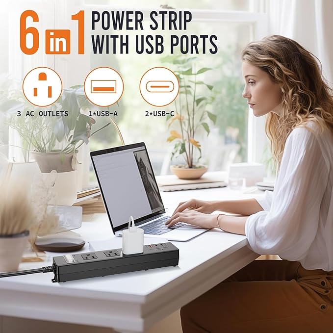 IPX6 Outdoor Power Strip Weatherproof, Waterproof Surge Protector with 3 Wide Outlet with 1A2C USB Ports, 10FT Long Extension Cord, Wall Mountable for Outside Decorations and More UL Listed(Black)