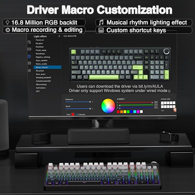 AULA F99 Pro Wireless Mechanical Keyboard with Knob,Tri-Mode BT5.0/USB-C/2.4GHz Hot Swappable Keyboard,Pre-lubed Switches,RGB Backlit PBT Keycaps Computer Gaming Keyboards (Side Printed Black)