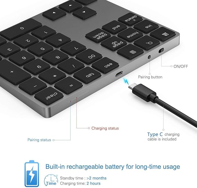 Bluetooth Number Pad, Lekvey Aluminum Rechargeable Wireless Numeric Keypad Slim 34-Keys External Numpad Keyboard Data Entry Compatible for Macbook, MacBook Air/Pro, iMac Windows Laptop Surface Pro etc
