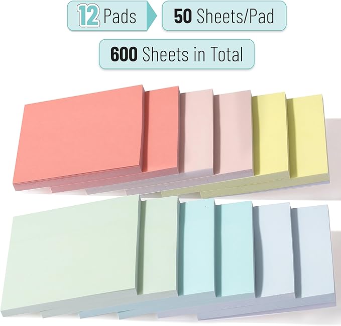 Mr. Pen- Sticky Notes, 3”x3”, 12 Pads, 600 Sheets, Macaroon Colors Sticky Notes, Sticky Note, Self-Stick Note Pads, Back to School Supplies
