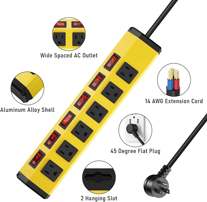 ANNQUAN 6 Outlet Metal Power Strip with 6 Individual Switches,Heavy Duty Power Strip 1200J 15A 3FT Cord Home Office Industrial Commercial Shop