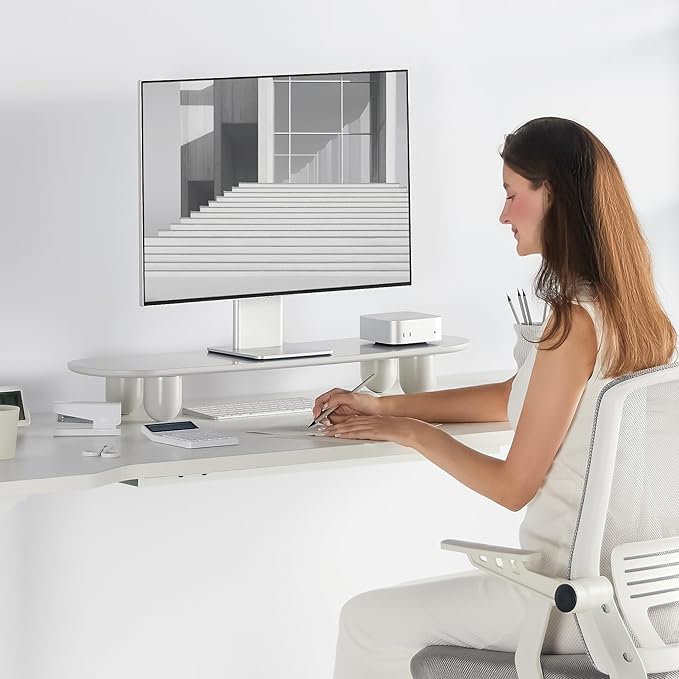 Fenge Monitor Stand Riser, 34 Inch Dual Monitor Riser for Large Monitors, Desk Organizer with Wooden Shelf & Solid Wood Legs, Computer Stand for Laptop, TV, PC, Printer, White