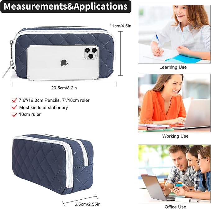Della Gao Pencil Case Large Capacity Pencil Pouch Soft Quilted Pen Bag Office Stationery Organizer Sturdy Pencil Bag for Men Women - Dark Blue