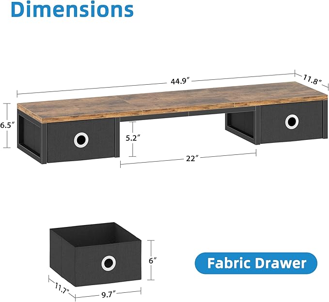 45" Large TV Riser with Fabric Drawers for 32-60 inch TV, TV Stand Riser with Steel Legs, Tabletop TV Riser Shelf, Monitor Stand Riser for Home Office, Rustic Brown