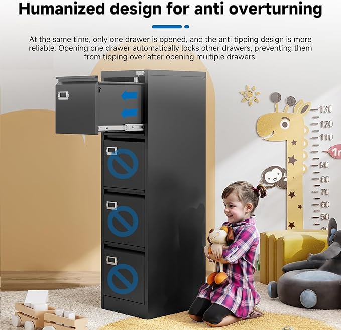 4 Drawer File Cabinet with Lock Metal Vertical File Cabinet Office Home Vertical File Cabinet for A4 Legal/Letter Size Narrow File Cabinet Locked,Assembly Required (Black, 4 Drawers- Vertical)