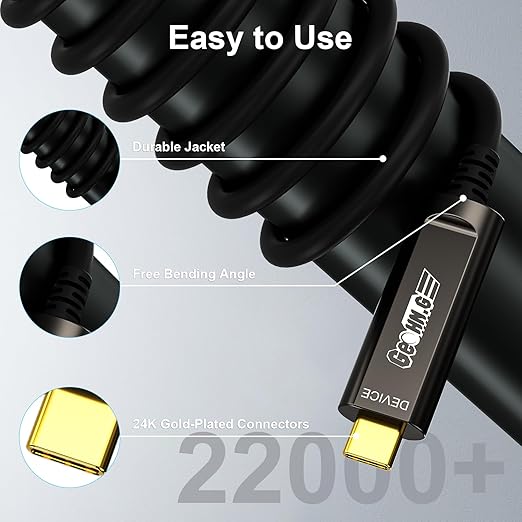 GeoHN.G USB C to C Fiber Optic Cable 30M/100FT, USB 3.2 10Gbps Long Distance Data Transfer USB C Extension Cable for VR, Camera, Mini PC, Laptop, Webcam, Printer and More