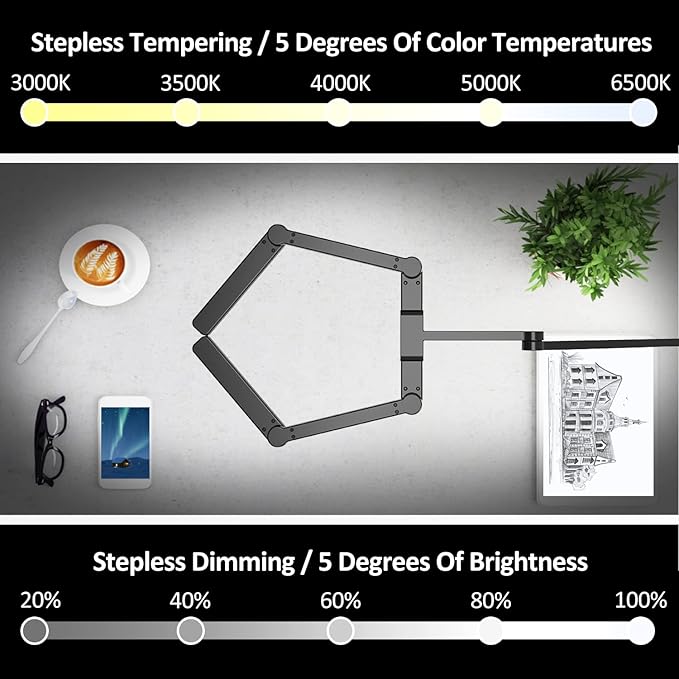 Transformable LED Desk Lamp, 41.5" Large Architect Desk Lamp with Clamp, 3 Light Bars Desk Light for Home Office, 24W Auto Dimming Office Lighting Table Light for L Shaped Desk