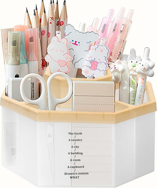 Desk Organizer, 360-Degree Rotating Multi-Functional Pen Holder, 5 Compartments Desktop Stationary Organizer, Home Office Art Supply Storage Box Caddy