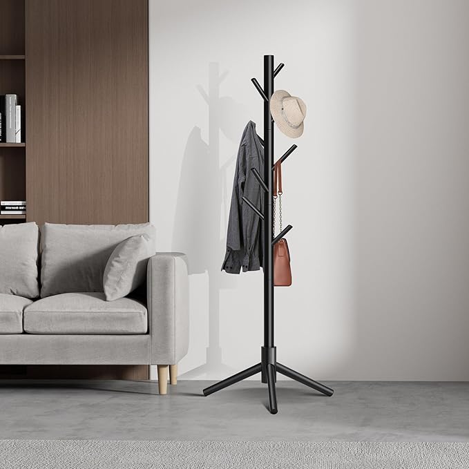 Wooden Coat Rack, Free Standing Coat Rack with 8 Hooks 3 Adjustable Heights for Clothes, Hats, Handbags, Coat Tree Easy Assembly for Entryway, Bedroom, Hallway, Office (New Black)