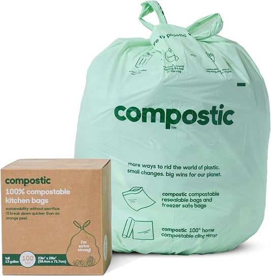 Home Compostable Trash Bags, 13 Gallon Tall Kitchen Rubbish Bags (23” x 29”), Extra Strong & Quickly Breaks Down, 100 Count