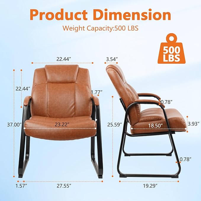 CLATINA Big & Tall 500 lb. Guest Chair, PU Leather Office Reception Chairs with Sled Base, Desk Chair No Wheels for Waiting Room Conference Lobby Computer Living Room, Brown, 4 Pack