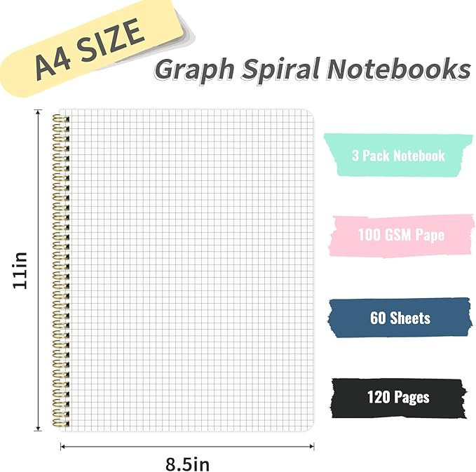 Graph Paper Notebook 8.5" x 11", A4 Mint Green Grid Notebook Journal Hardcover College Ruled Notebook for Work, 120 Pages 100GSM Large Thick Spiral Writing Journal for Women & Men