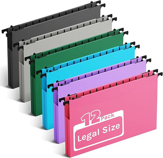 Ansook Plastic Legal Size Hanging File Folders,12 Pack Reinforced Expanding Hanging Folders,Heavy Duty 1” Expansion,Filing Cabinet Folders,Insertable Tabs,Color Coded File Organization,Assorted Color