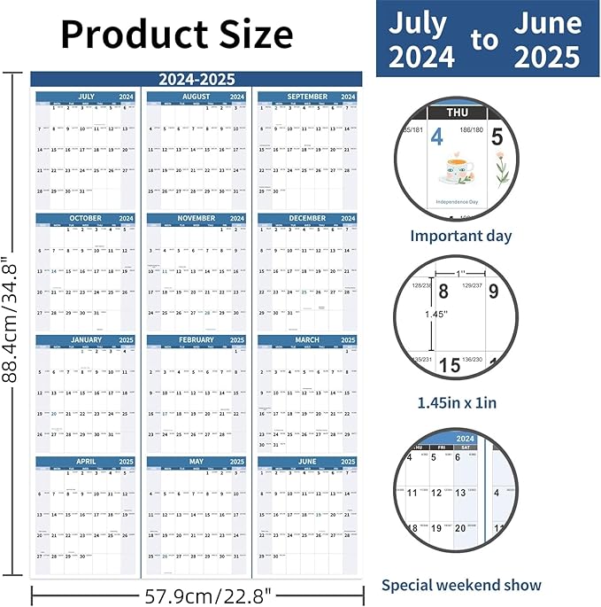 2024-2025 Wall Calendar 34.8" x 22.8" Large Vertical Yearly Wall Hanging Calenda with Julian Date from July 2024 to June 2025 Thick Paper Calendar 12 Month Annual Planner for Office Fridge(Blue)